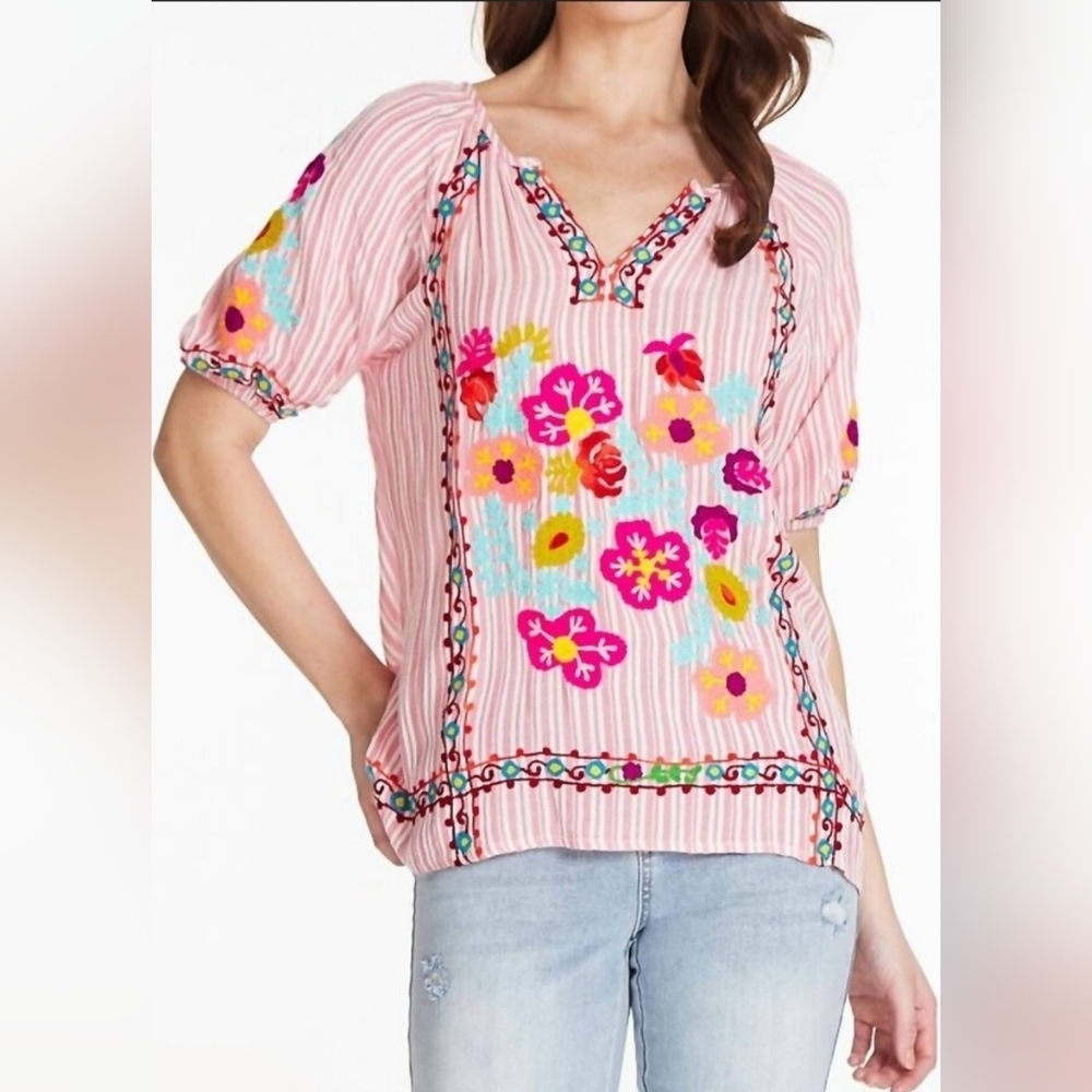 Tru Luxe Jeans Colorful Floral Pink Orange Neon Embroidered Peasant Top